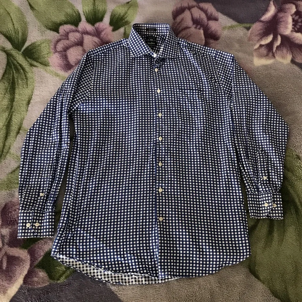 Neiman Marcus Blue and White Checkered Button Shirt